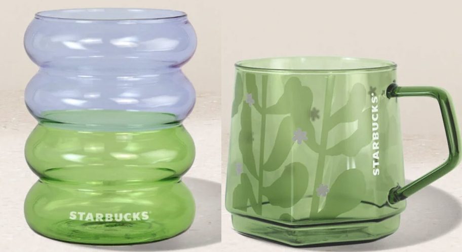 blue and green ribbed glass and green mug