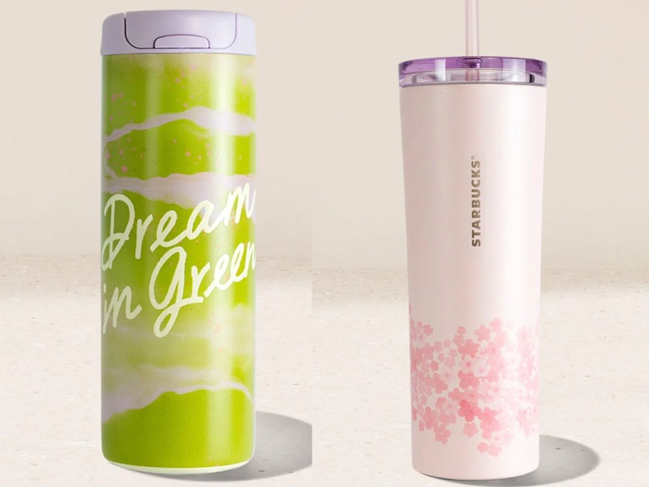 green and pink starbucks tumblers