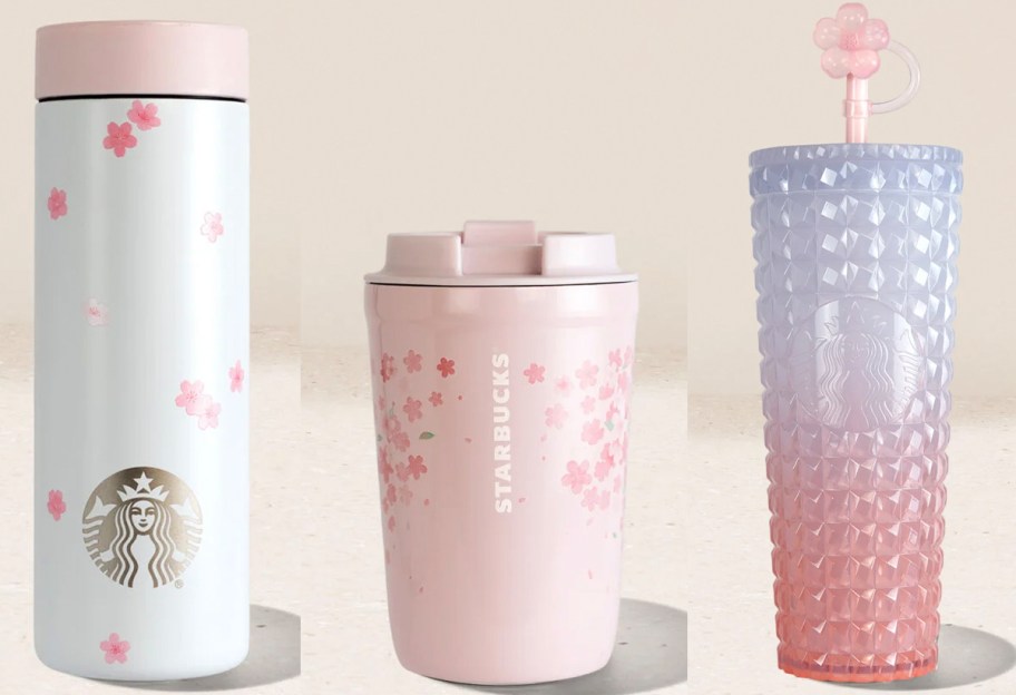 white, pink, and studded gradient tumblers