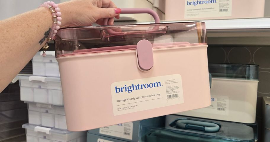 Pink Brightroom lidded storage caddy in store