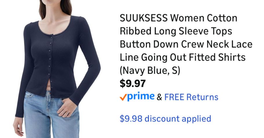 woman wearing navy cardigan next to Amazon pricing information