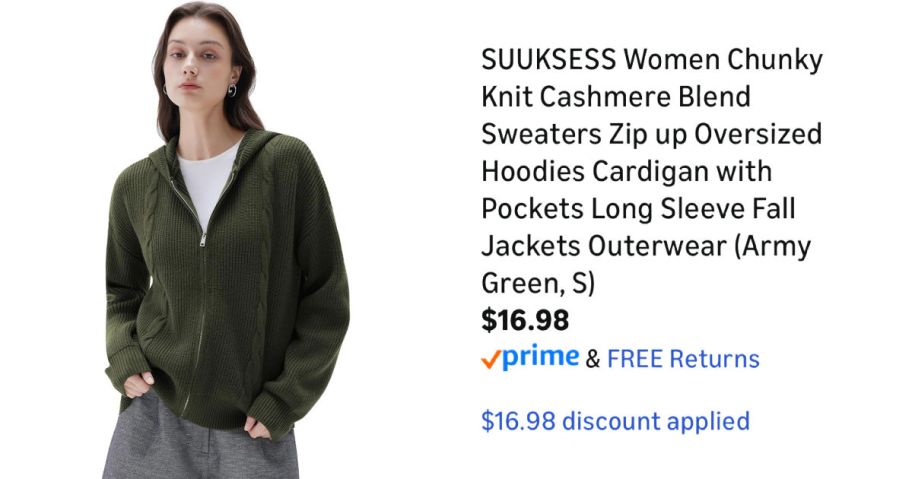 woman wearing green hooded sweater next to Amazon pricing information