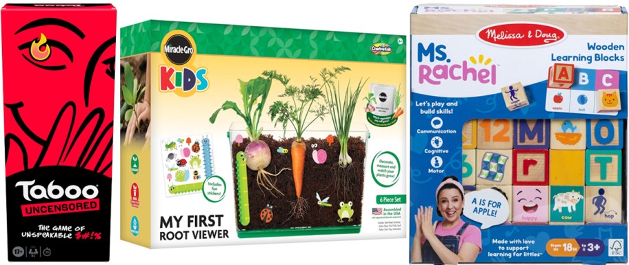 taboo board game, miraclegro kit, and melissa and doug block set 