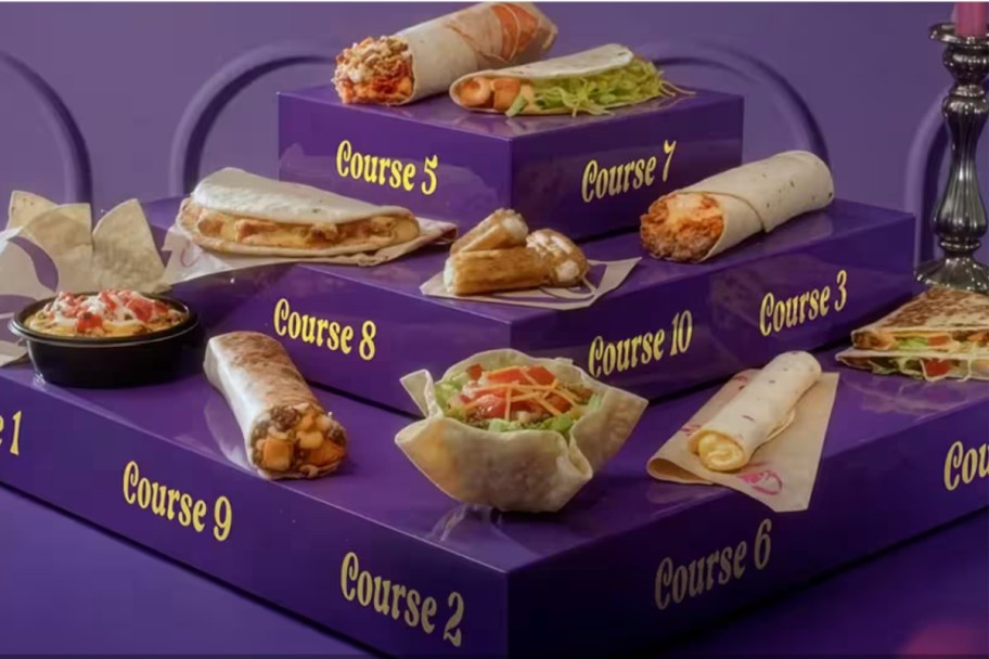 many taco bell items, burritos, tacos, etc. on purple staircase