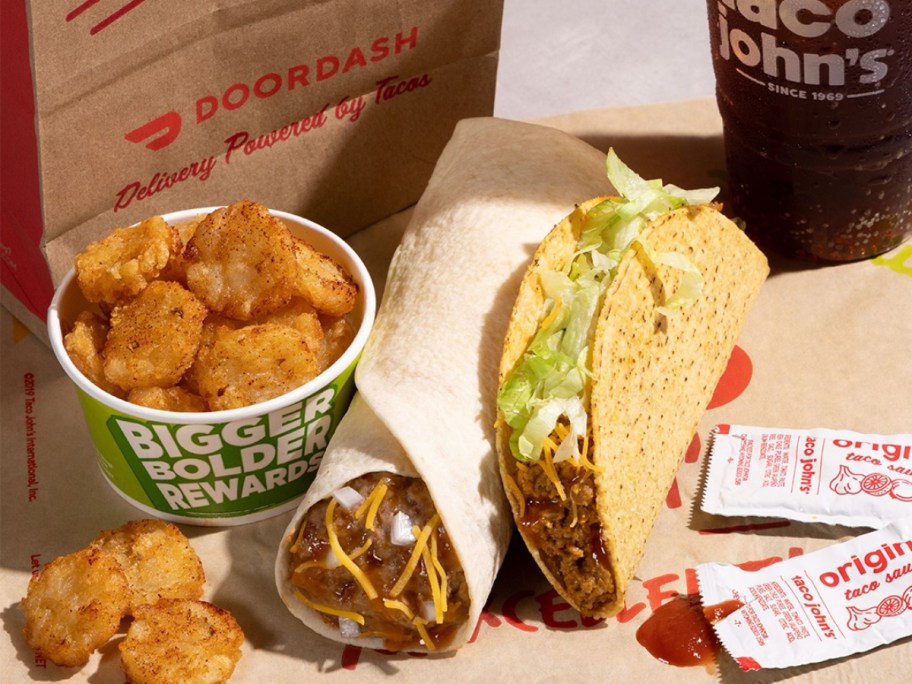 taco, burrito, potato oles, and a fountain drink from Taco Johns