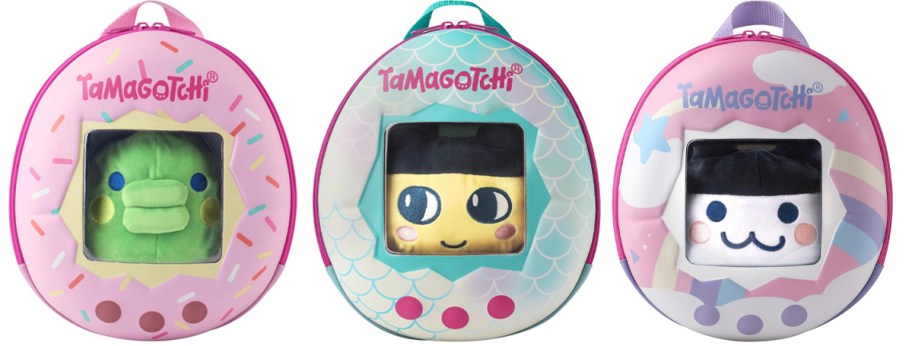 three tamagotchi backpacks with plush inside
