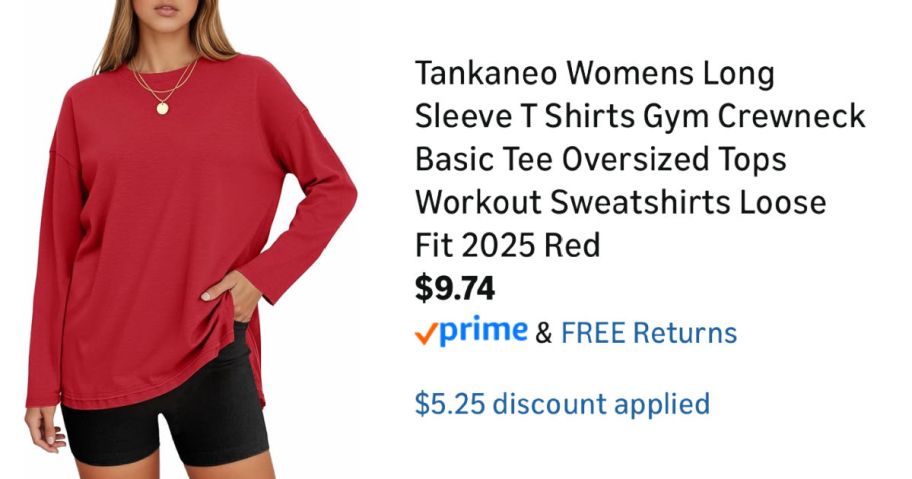woman wearing red shirt next to Amazon pricing information