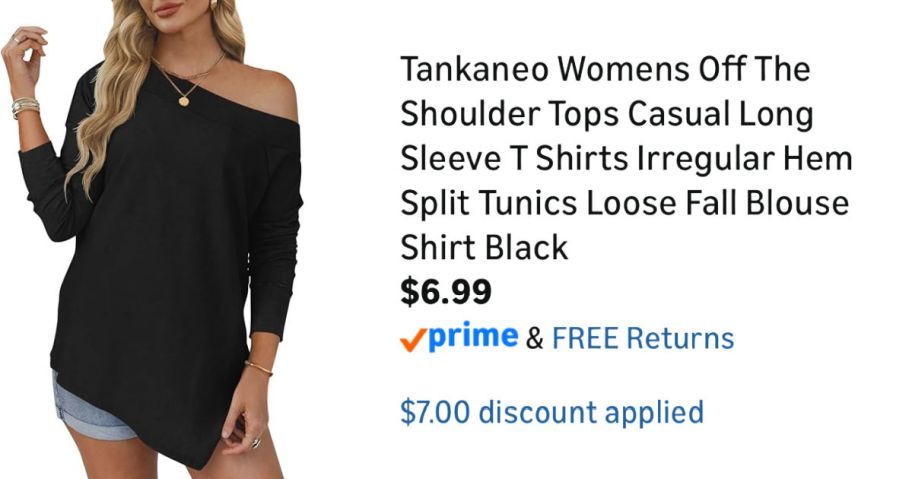 woman wearing black shirt next to Amazon pricing information