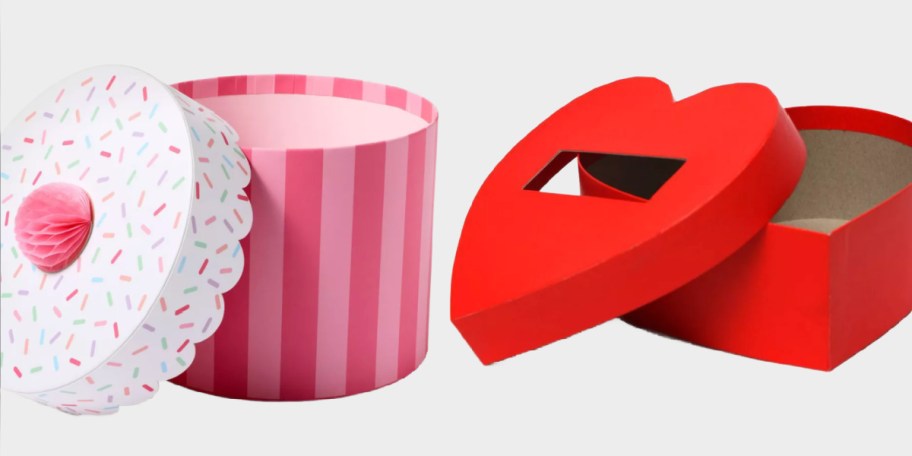 cupcake and red heart shaped boxes with lids off