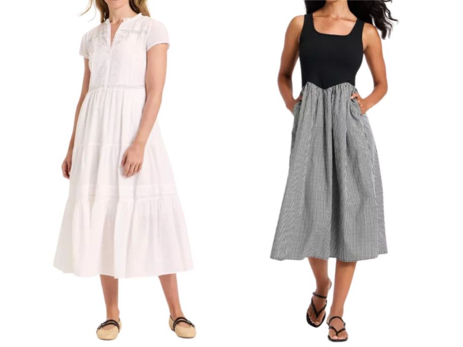 two women wearing dresses