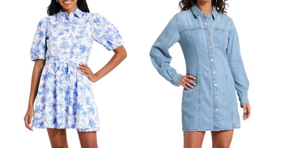 two women wearing dresses