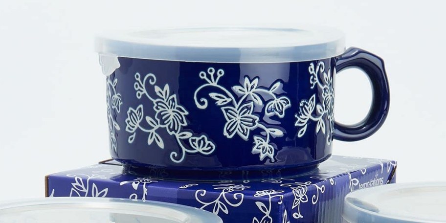 dark blue and white mug with lid 
