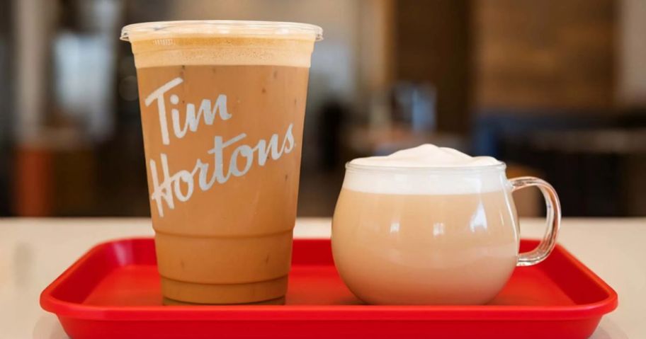 tim horton protein lattes on tray in store