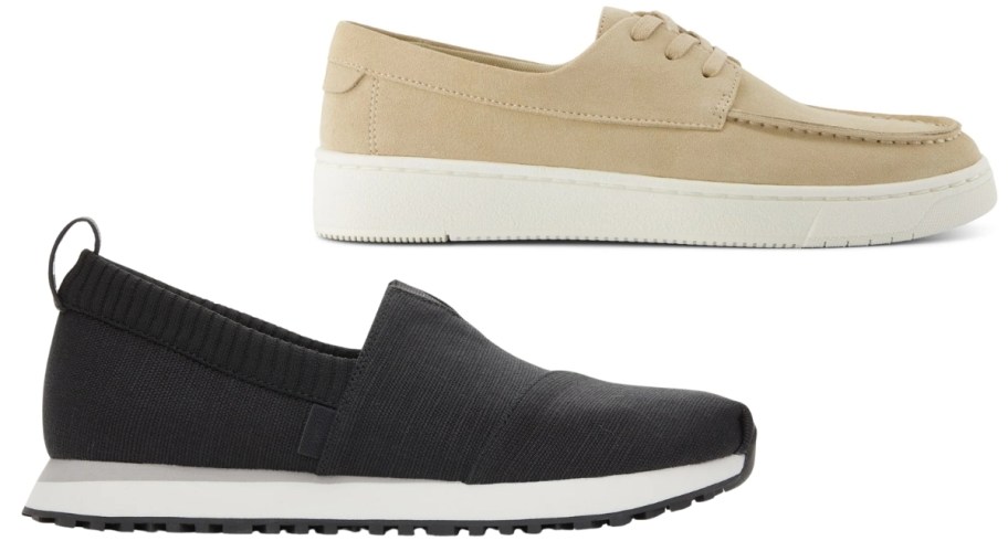 a mens black slip on shoe and tan lace up shoe