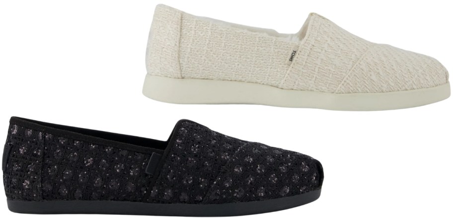 twom womens slip on shoes in different fabrics