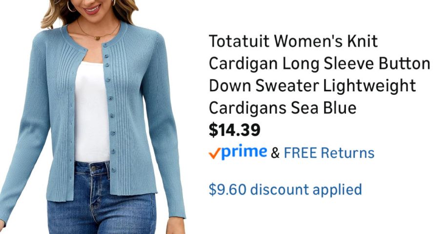 woman wearing blue cardigan sweater next to Amazon pricing information
