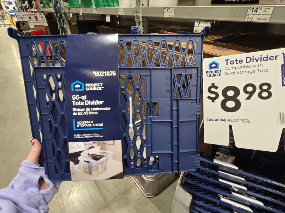 blue Project Source 16.5-Gallon Tote Divider in hand in store