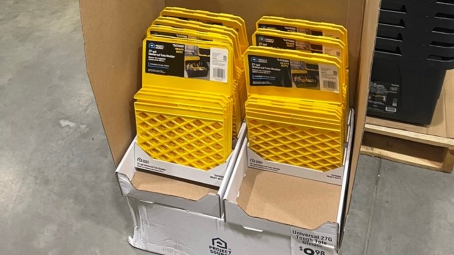 yellow tote dividers on display in a lowes warehouse