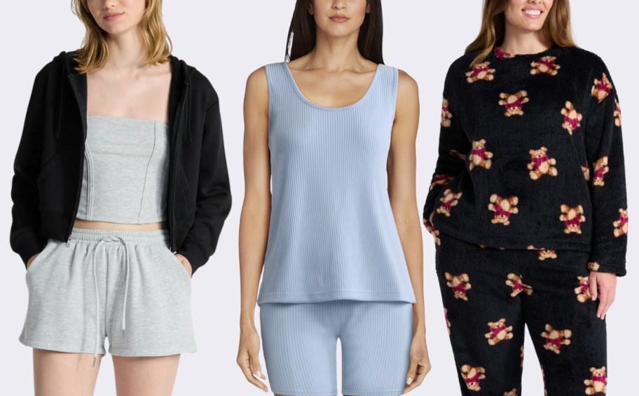 Three women wearing various styles of lounge sets