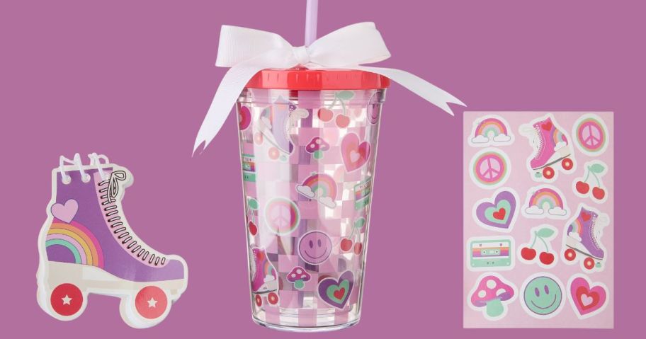 tumbler gift set against purple background