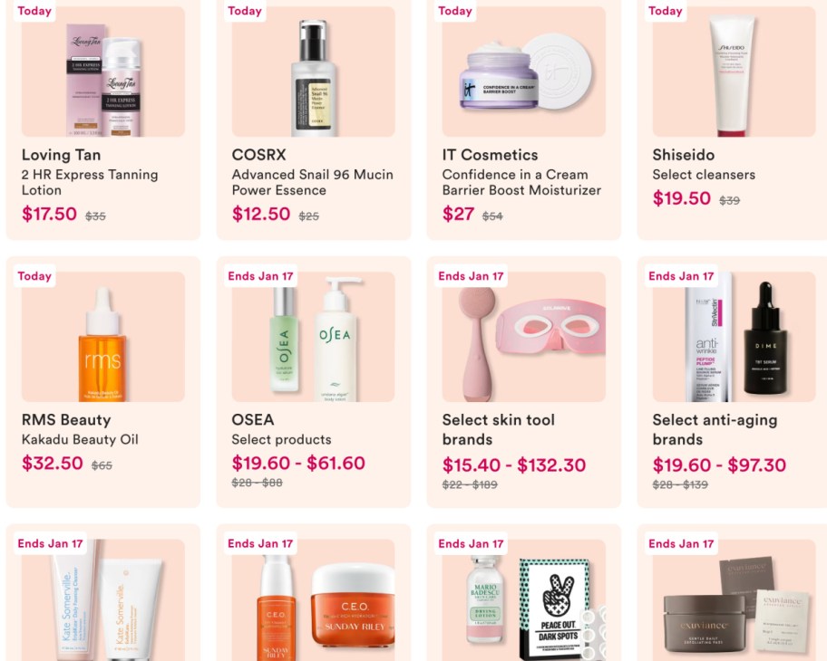 screenshot of beauty creams, serums, and more