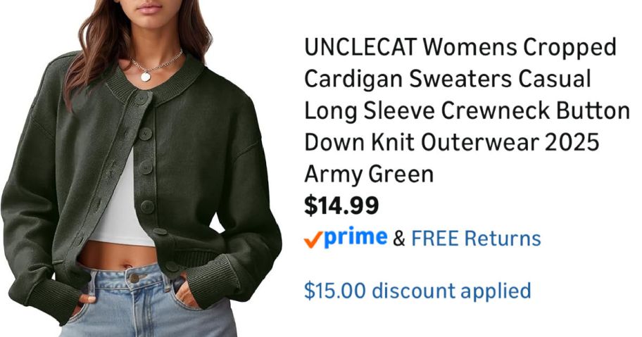 woman wearing green cardigan next to Amazon pricing information