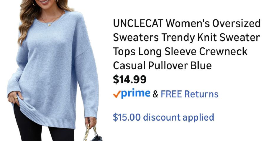 woman wearing blue sweater next to Amazon pricing information