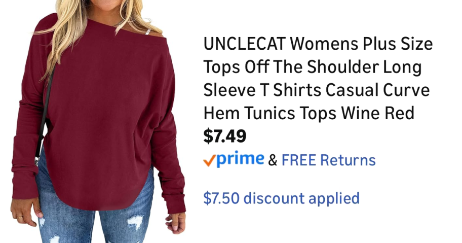 woman wearing red shirt next to Amazon pricing information