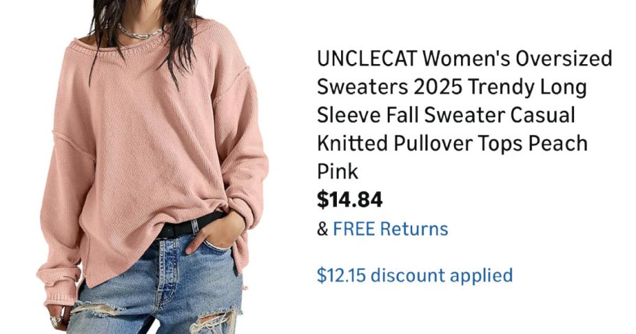 woman wearing pink sweater next to Amazon pricing information