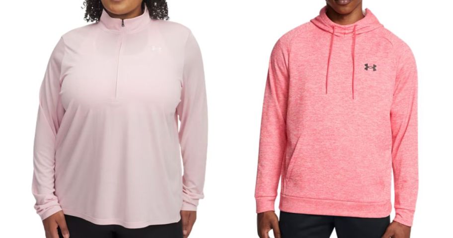 a man and a woman wearing an under armour sweatshirt