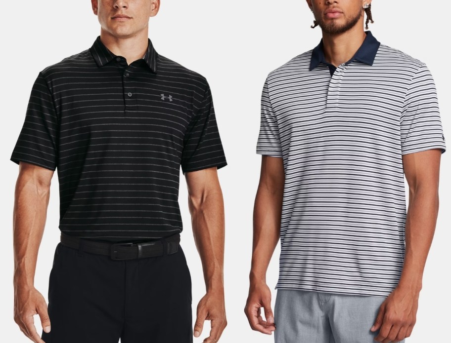 Two men wearing striped golf polo shirts