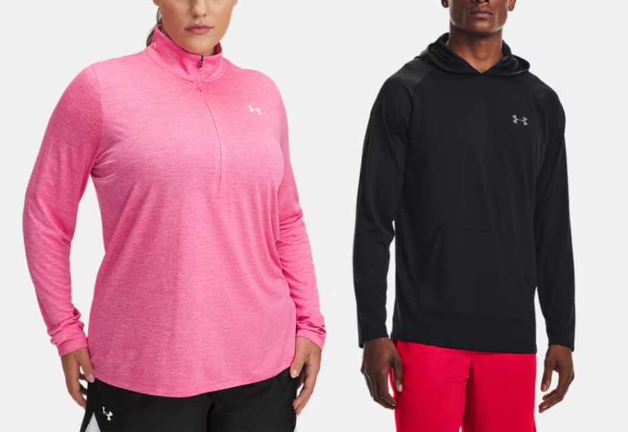 woman wearing pink jacket and man in black 