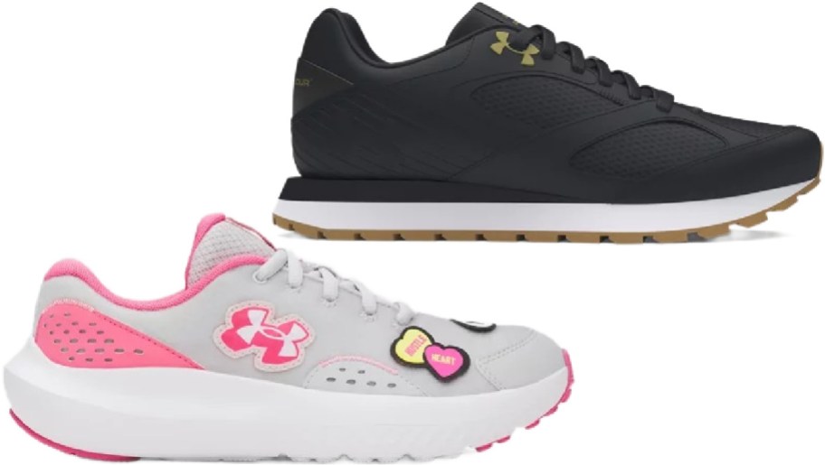 One pair of sneakers: The uppers are sleek black with gold logos, while the lowers are light gray with pink accents and heart-shaped details.