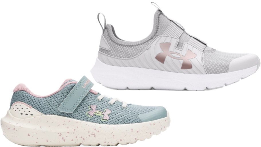 Two Under Armor sneakers are shown. Light gray slip-ons with metallic logos and white soles, and teal sneakers with pink accents and speckled soles.