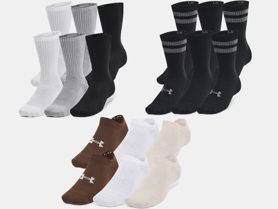 white, gray, black and brown socks 