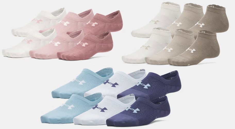 pink, tan, and blue under armour socks 