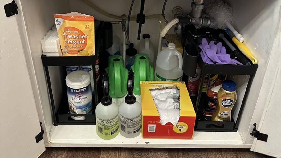 under sink storage organizers under a sink and in use