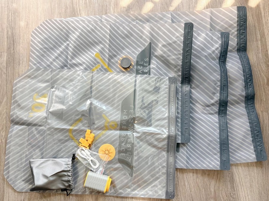 gray vacuum sealed bags with yellow pump