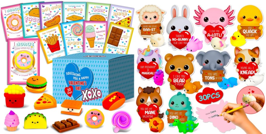 A bunch of squishy toys with Valentine's Day cards.
