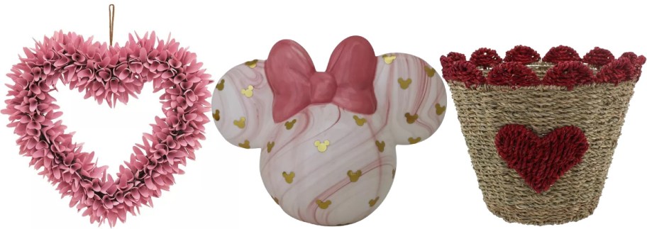 Pink heart wreath, ceramic sculpture shaped like a mouse's ear with pink ribbon and gold accents, woven basket with red heart and top trim.