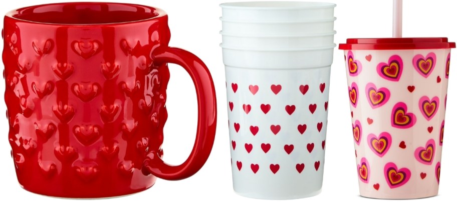 red heart embossed mug, 4count white and red heart cups and 13 oz kiddie heart cup with lid and straw