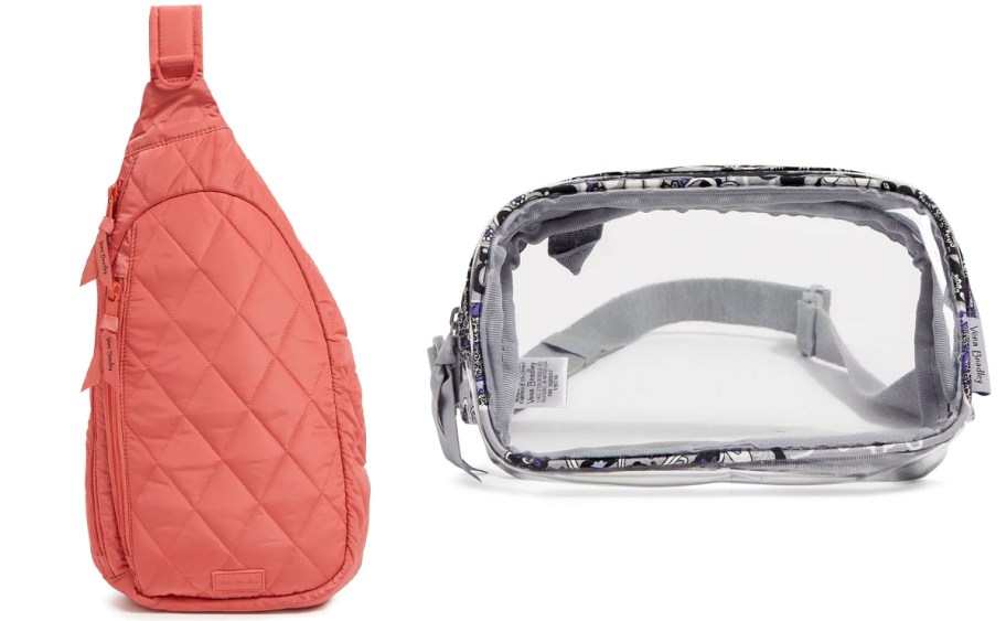 pink sling bag and clear belt bag 