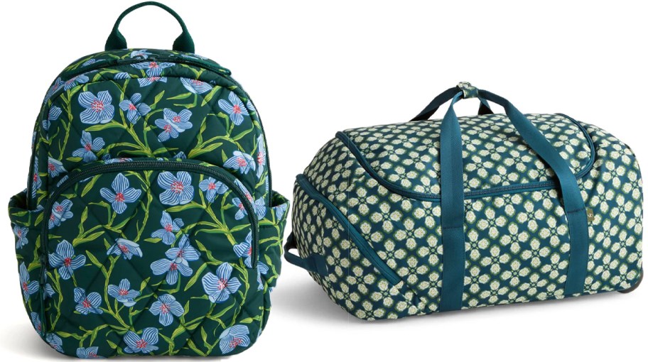 green floral backpack and duffle 