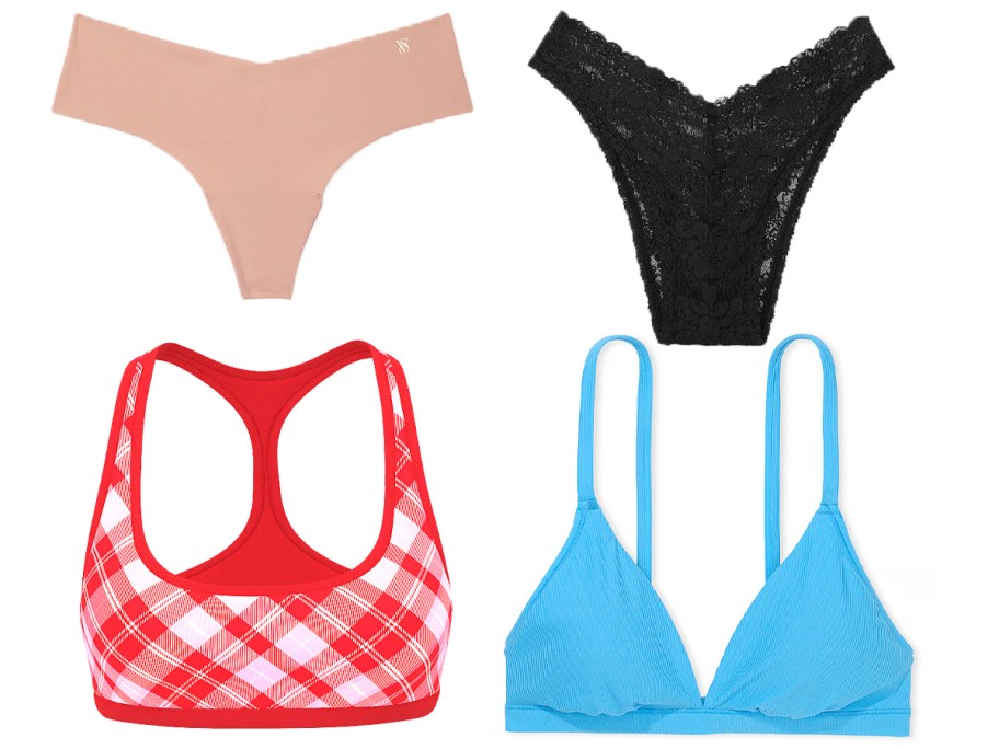 tan and black panties and red and blue bras 