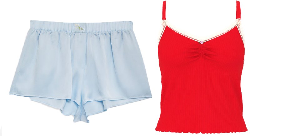 blue shorts and red tank top 