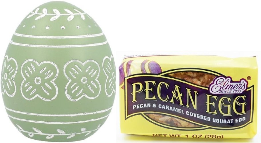 A green decorative egg with white floral patterns next to Elmer's Pecan Egg packaging. The candy is pecan and caramel covered nougat.