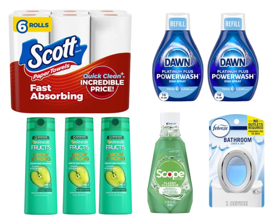 paper towels, dish soap, shampoo, mouthwash, and air freshener