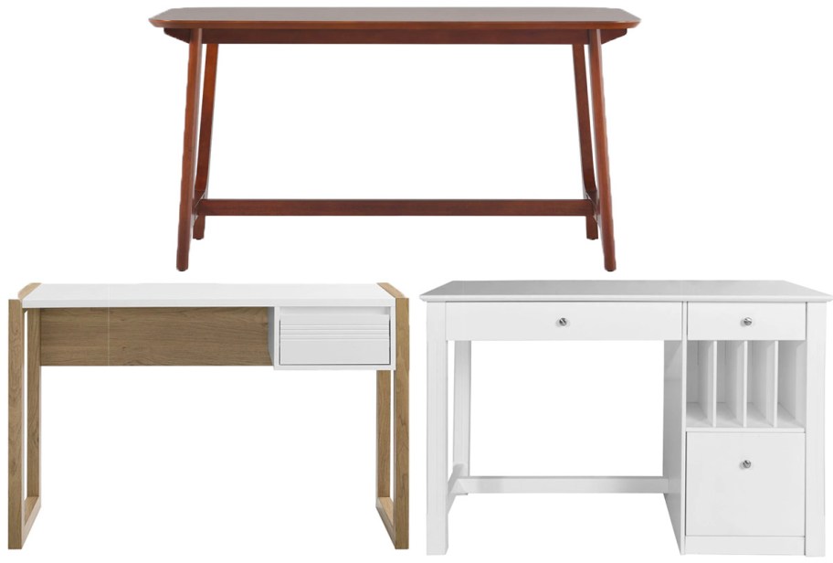 brown dining table, brown and white desks 