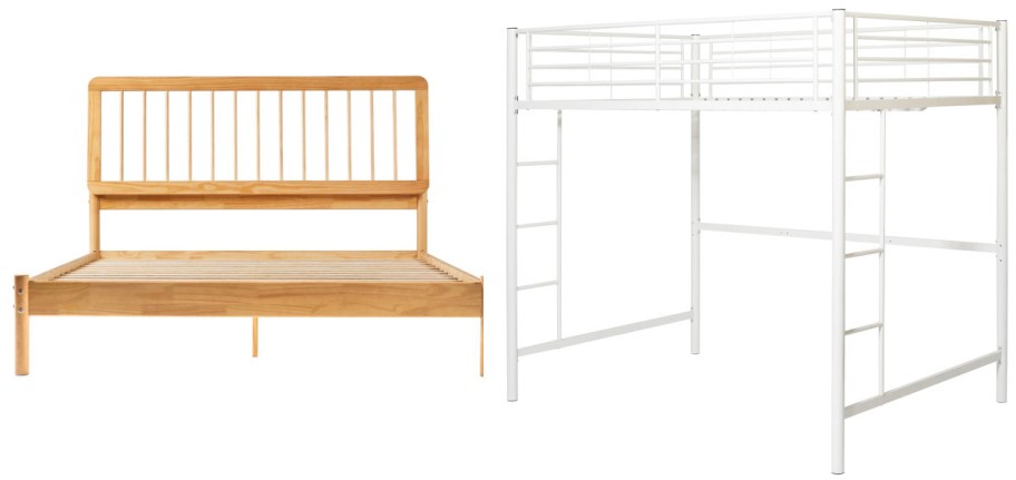 wood queen and white loft bed frame 