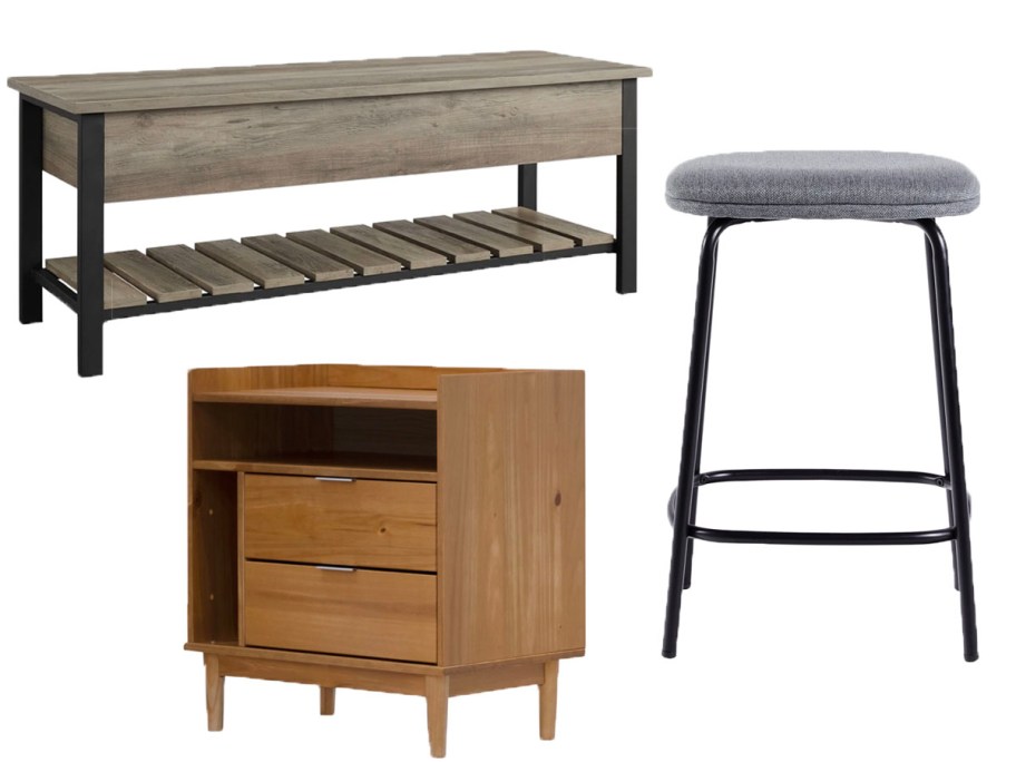 gray storage bench, stool, and wood nighstand 